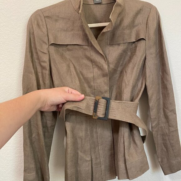 Ann Taylor Vintage 100% Linen Tan Belted Pleated Jacket Size 0 - Picture 2 of 7